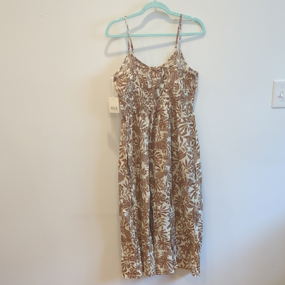A.N.A Brown Cream floral cotton Midi Sun Dress Resort Boho Festival Size Large - Picture 6 of 7